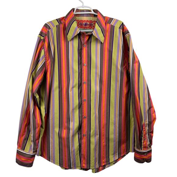 Men's Robert Graham Striped Long Sleeve Embroidered Flip Cuff Cotton Shirt 2XL - Picture 1 of 12